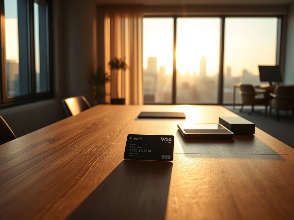 A serene, cinematic shot of a minimalist Scandinavian workspace bathed in golden hour light. A polished oak desk holds a single luxury card and a smartphone with a wealth management app open. In the background, floor-to-ceiling windows reveal a calm city skyline. Warm wood, soft shadows, photorealistic, 8k, commercial photography style.
