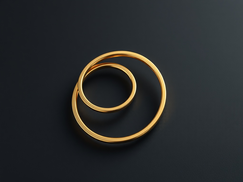 Minimalist geometric symbol composed of interlocking golden rings on a dark matte surface. Soft studio lighting, macro detail, reflections, 8k photorealistic commercial photography.